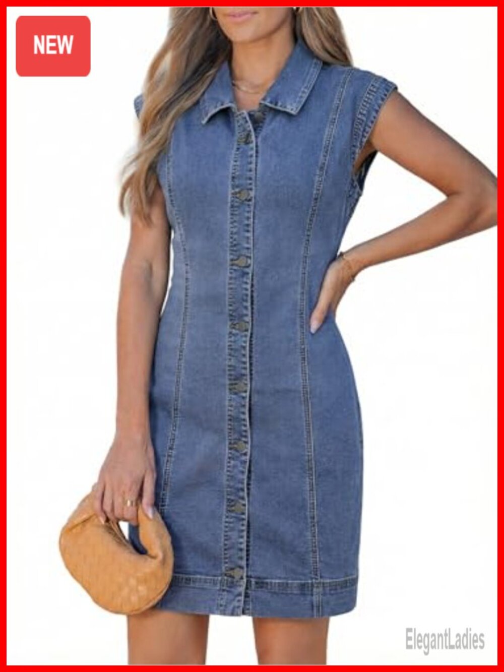 Stretchy Denim Button Down Shirt Dress Collared Cap Sleeve Mini Jean Dress
